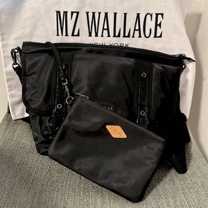 MZ WALLACE Small Fulton Messenger Bag Black with Red Interior